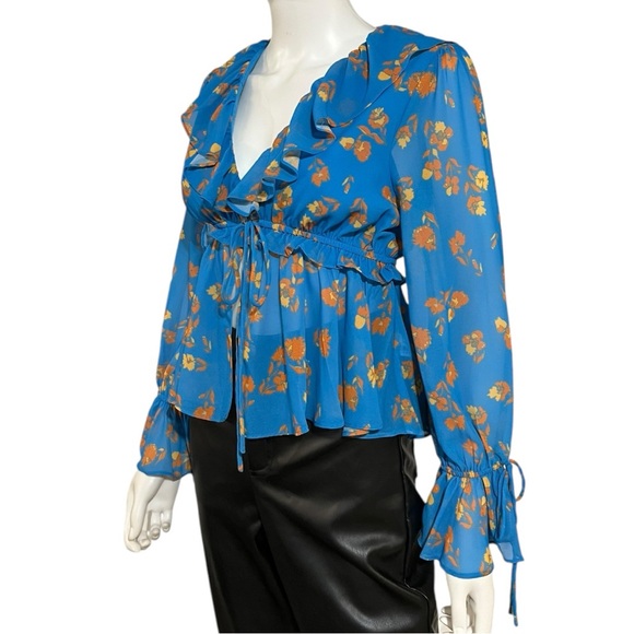 Endless Rose Golden Floral Ruffle Deep V-Neck Chiffon Top, XS - Picture 7 of 9